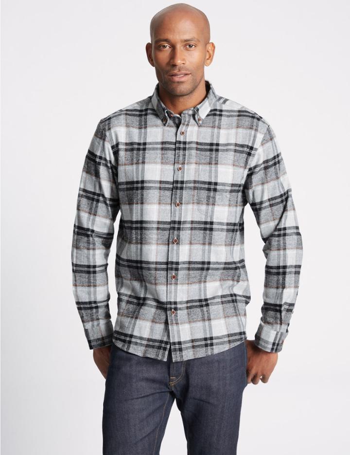 Marks & Spencer Pure Cotton Checked Shirt Grey Mix