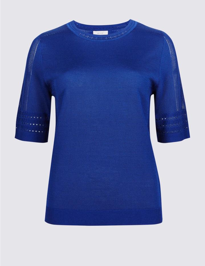 Marks & Spencer Textured Round Neck Half Sleeve Jumper Royal