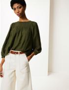 Marks & Spencer Lace Long Sleeve Blouse With Linen Emerald