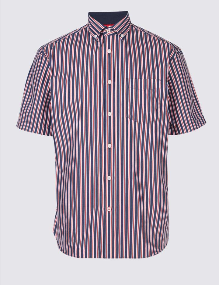 Marks & Spencer Pure Cotton Striped Shirt With Pocket Cherry Red