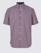 Marks & Spencer Pure Cotton Striped Shirt With Pocket Cherry Red