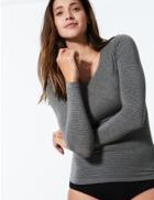 Marks & Spencer Heatgen&trade; Thermal Long Sleeve Striped Top Charcoal Mix