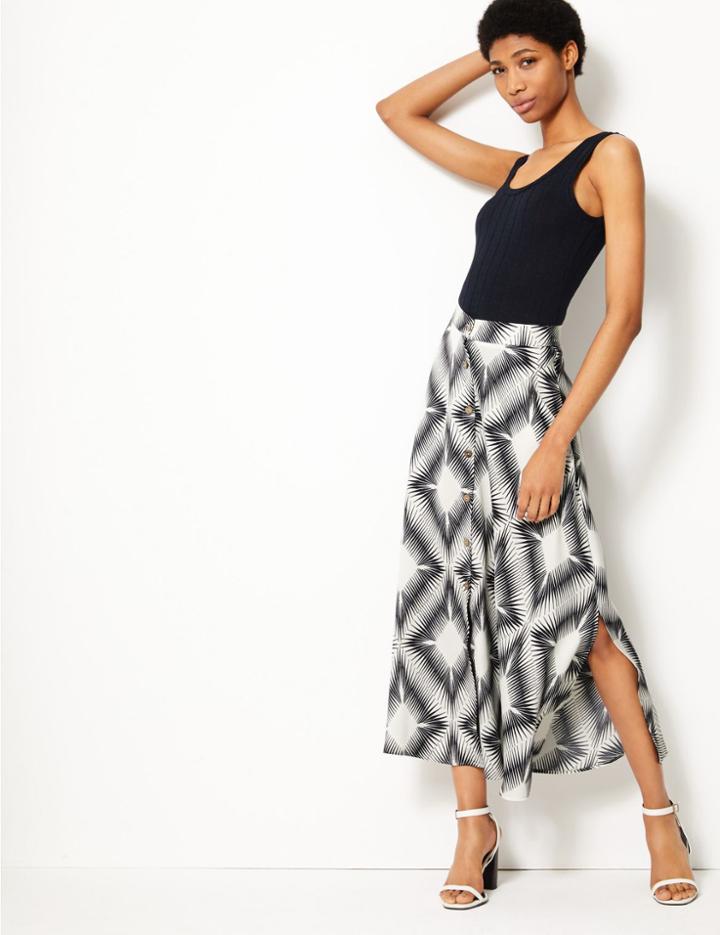 Marks & Spencer Diamond Print Button Detailed A-line Maxi Skirt Ivory Mix