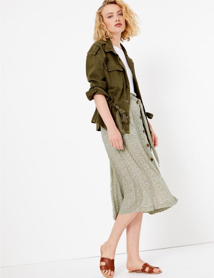 Marks & Spencer Ditsy Floral Tie Waist A-line Midi Skirt Khaki Mix