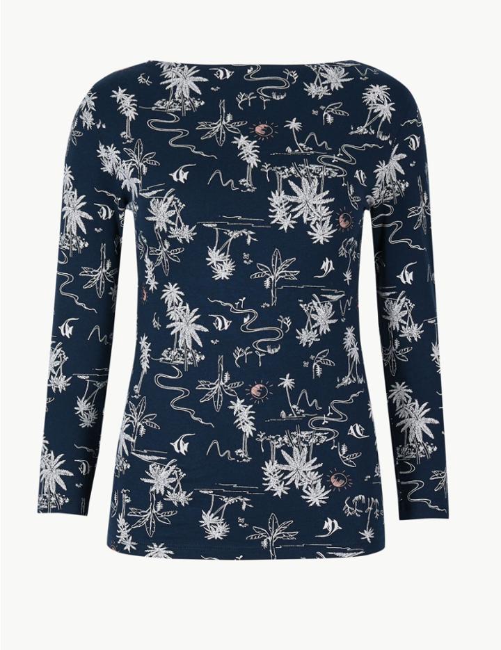 Marks & Spencer Cotton Rich Printed Slash Neck T-shirt Navy Mix