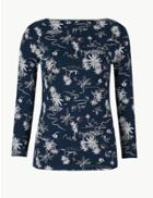 Marks & Spencer Cotton Rich Printed Slash Neck T-shirt Navy Mix