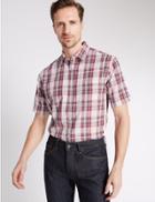 Marks & Spencer Easy Care Checked Shirt With Pocket Burgundy