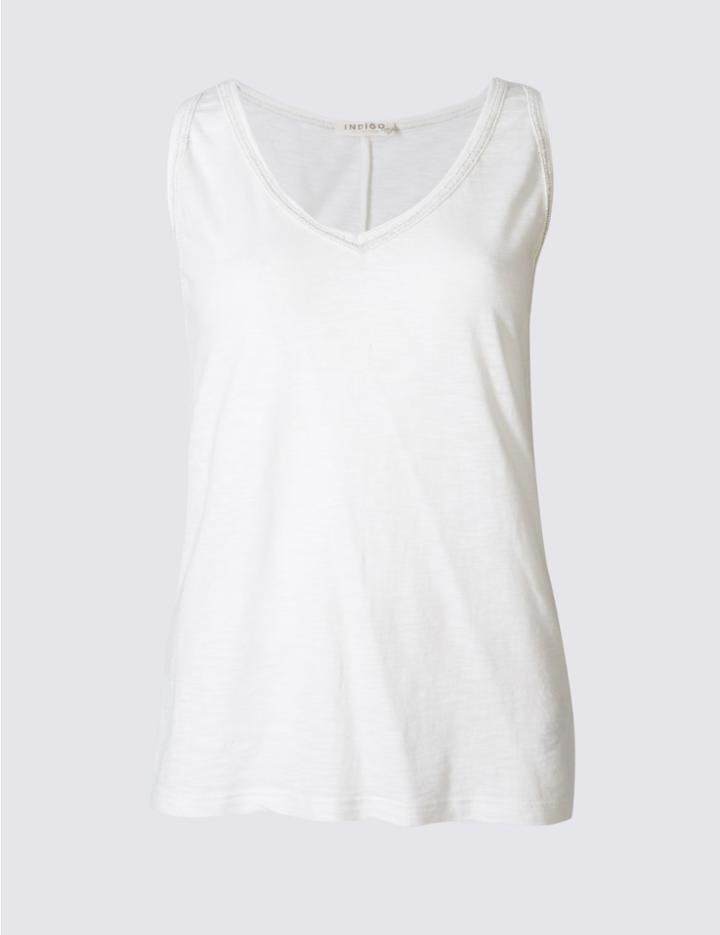 Marks & Spencer Cotton Rich Beaded Neck Sleeveless Vest Top Soft White