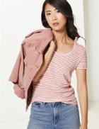 Marks & Spencer Cotton Rich Striped Regular Fit T-shirt Pink Mix