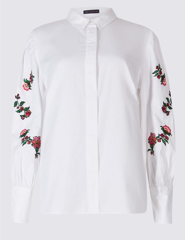 Marks & Spencer Pure Cotton Embroidered Sleeve Shirt White Mix