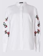 Marks & Spencer Pure Cotton Embroidered Sleeve Shirt White Mix