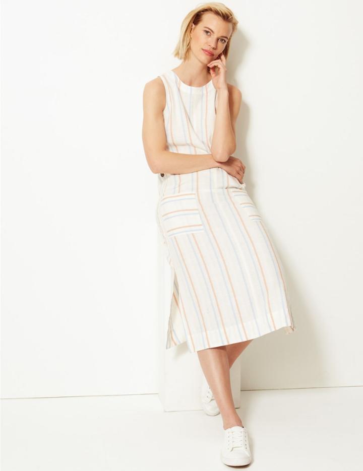 Marks & Spencer Striped Shift Midi Dress With Linen Ivory Mix