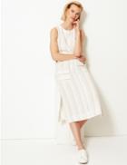 Marks & Spencer Striped Shift Midi Dress With Linen Ivory Mix