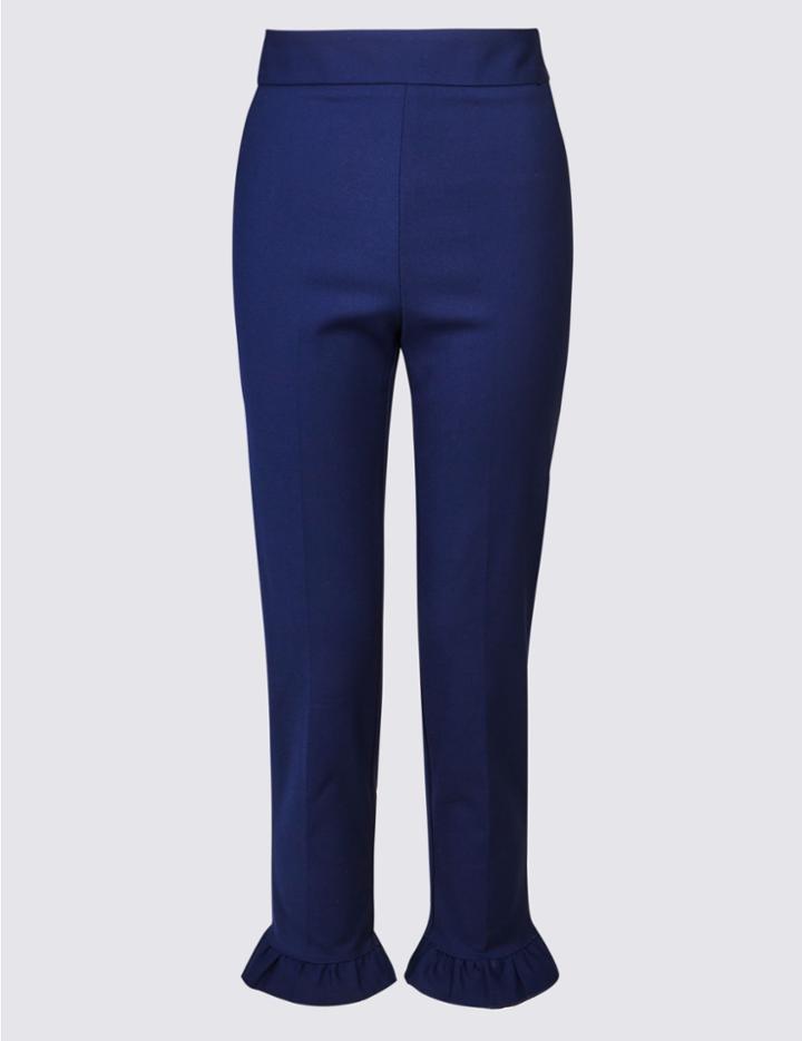 Marks & Spencer Cotton Blend Frill Hem Slim Leg Trousers Dark Midnight
