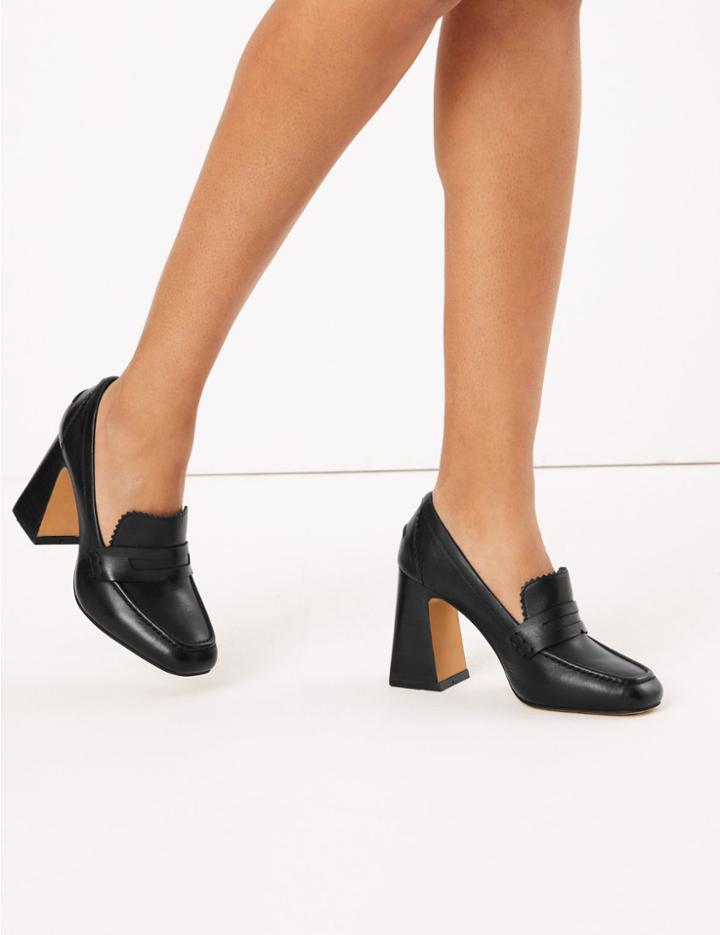 Marks & Spencer Leather Flared Block Heel Penny Loafers Black