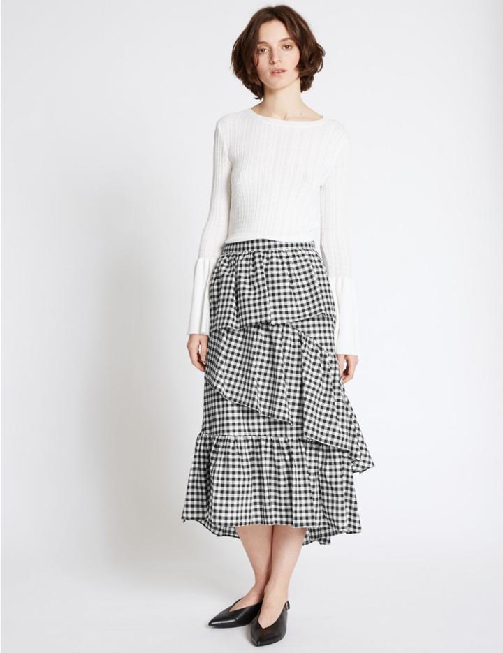 Marks & Spencer Cotton Rich Gingham Ruffle Midi Skirt Black Mix