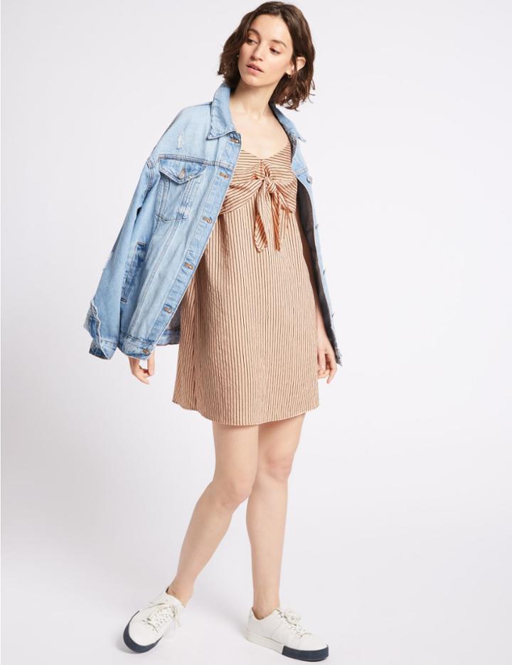 Marks & Spencer Striped Knot Front Vest Dress Pink Mix