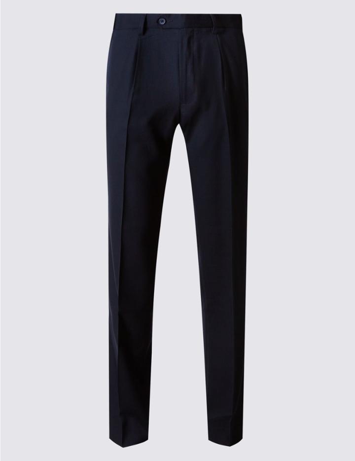 Marks & Spencer Single Pleat Twill Trousers With Wool Navy