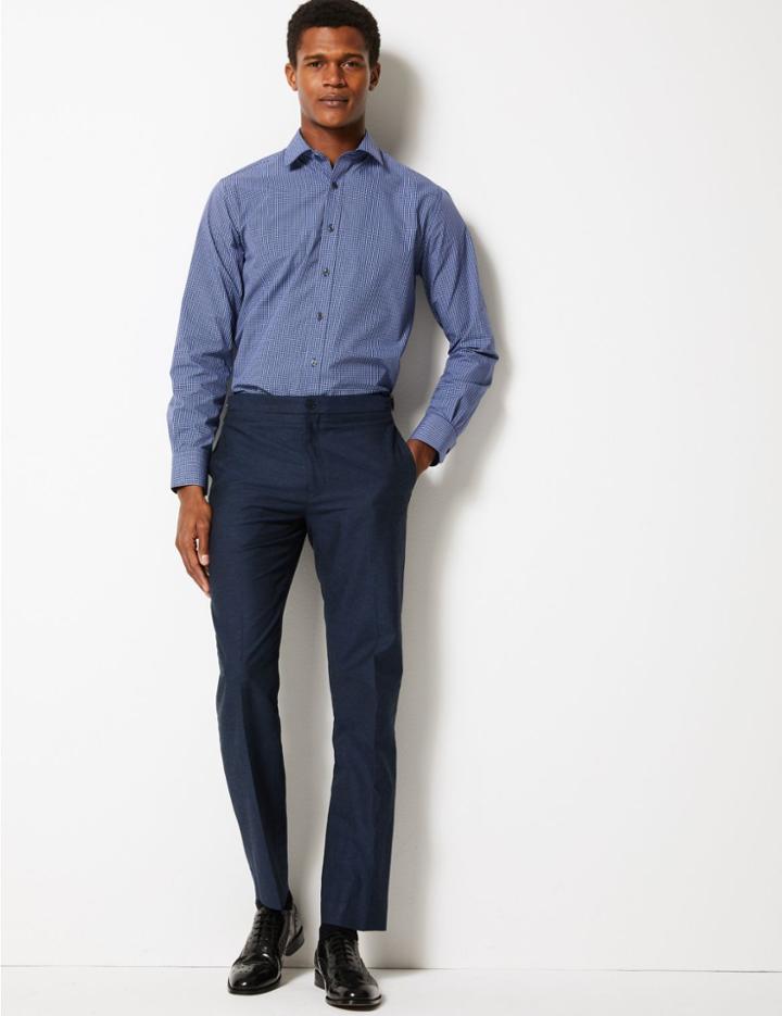 Marks & Spencer Slim Fit Linen Blend Flat Front Trousers Navy