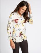 Marks & Spencer Floral Print Satin Long Sleeve Shirt Ivory Mix