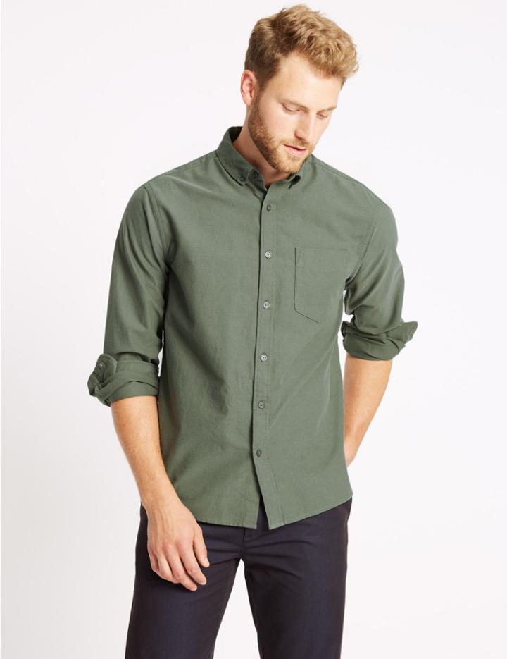 Marks & Spencer Pure Cotton Plain Oxford Shirt Khaki