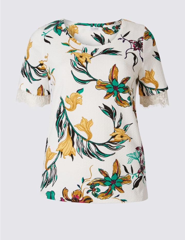 Marks & Spencer Floral Print Lace Hem Short Sleeve T-shirt Navy Mix