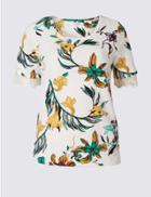 Marks & Spencer Floral Print Lace Hem Short Sleeve T-shirt Navy Mix