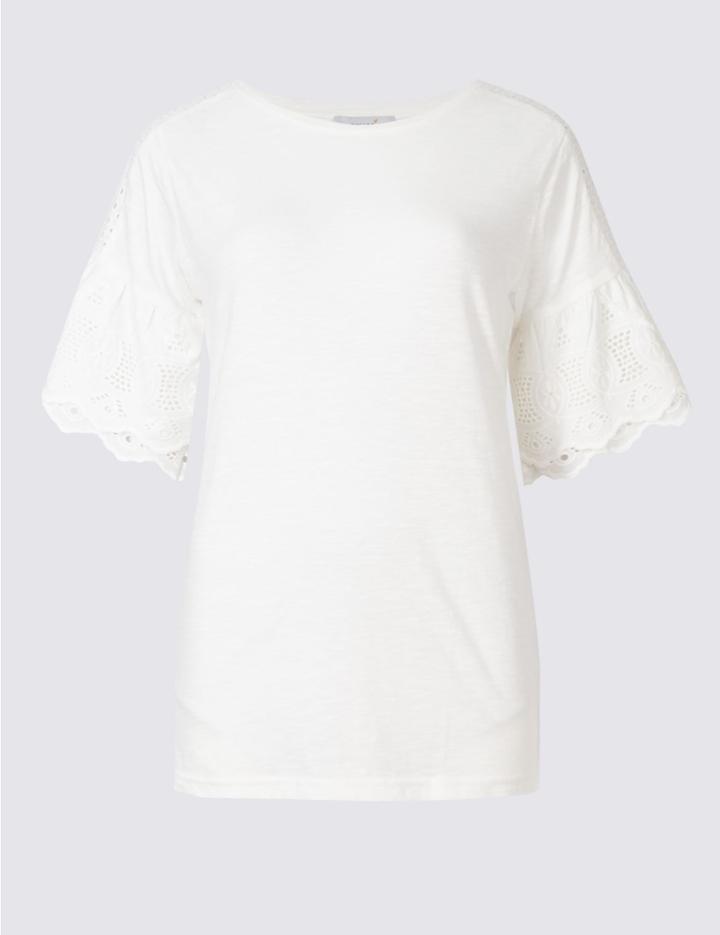 Marks & Spencer Pure Cotton Broderie Sleeve T-shirt Ivory