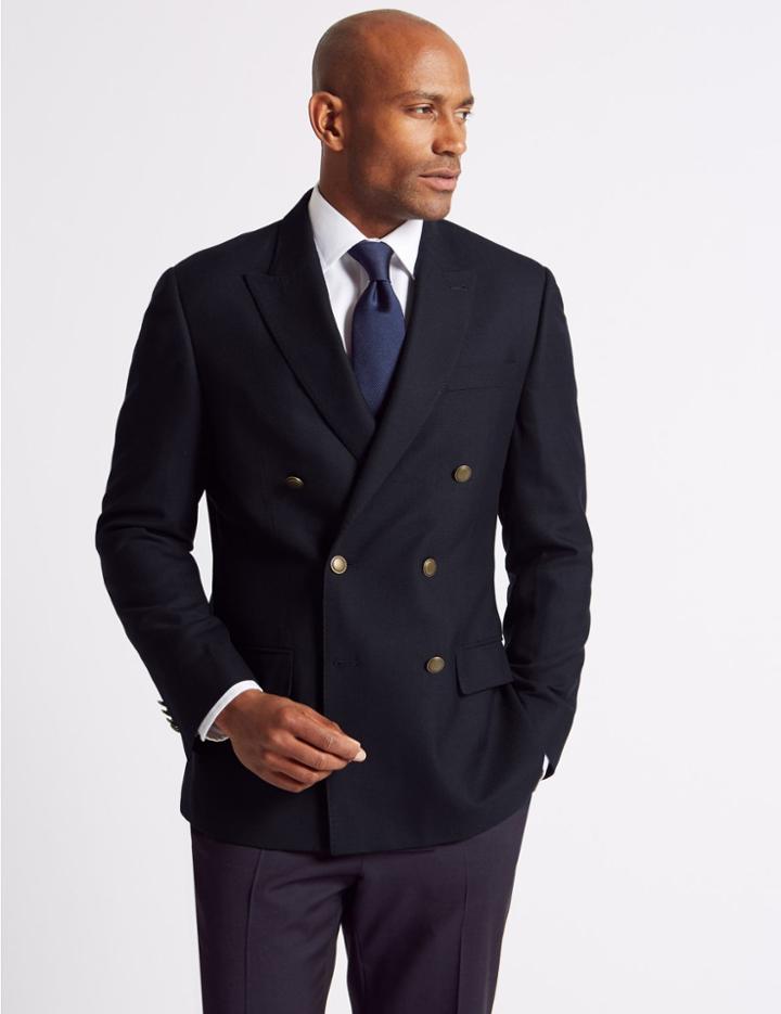 Marks & Spencer Pure Wool Textured Regular Fit Jacket Navy