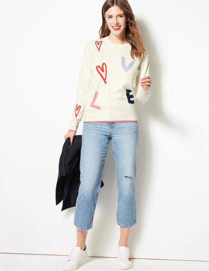 Marks & Spencer Cashmilon&trade; Textured Round Neck Jumper Cream Mix