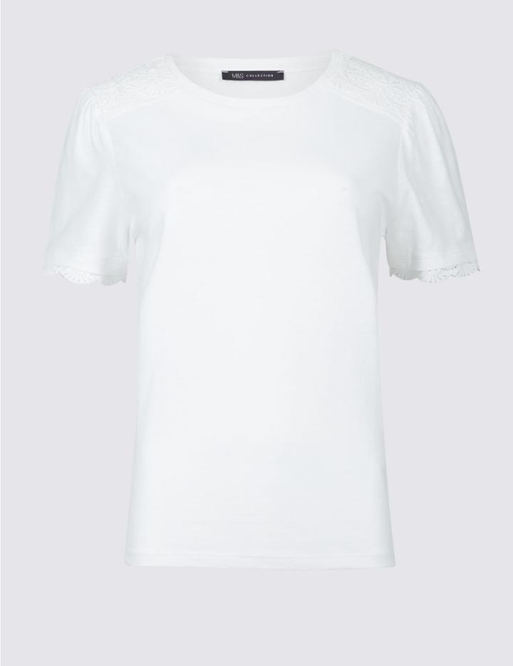 Marks & Spencer Petite Pure Cotton Lace Short Sleeve T-shirt Soft White