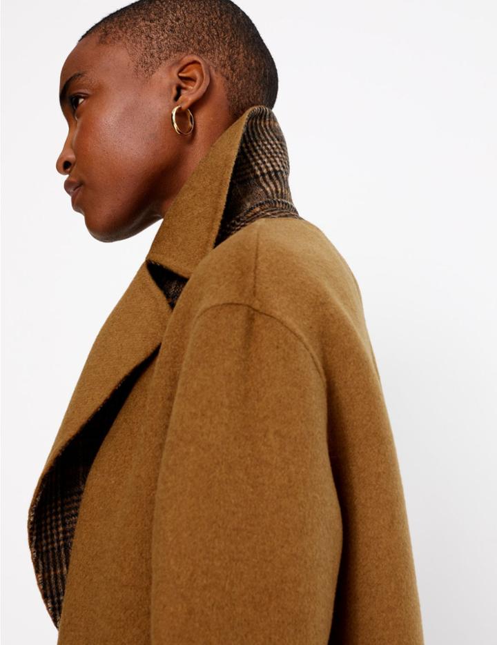 Marks & Spencer Wool Checked Reversible Overcoat Light Tan Mix