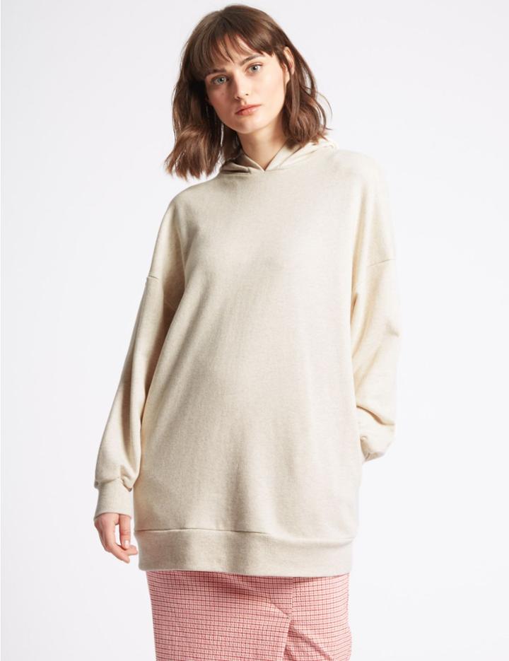 Marks & Spencer Cotton Rich Longline Hoody Sweatshirt Oatmeal