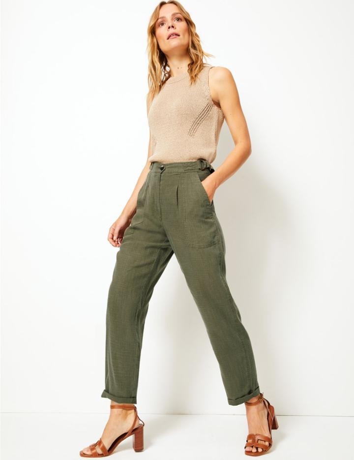 Marks & Spencer Linen Blend Ankle Grazer Peg Trousers Khaki