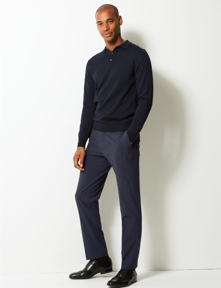 Marks & Spencer Slim Fit Checked Flat Front Trousers Navy