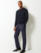 Marks & Spencer Slim Fit Checked Flat Front Trousers Navy