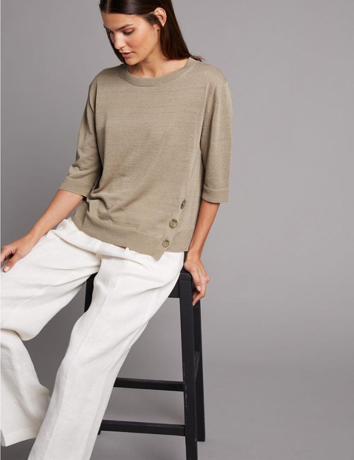 Marks & Spencer Linen Rich Textured 3/4 Sleeve Jumper Beige