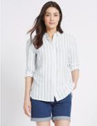 Marks & Spencer Linen Rich Striped Long Sleeve Shirt White Mix