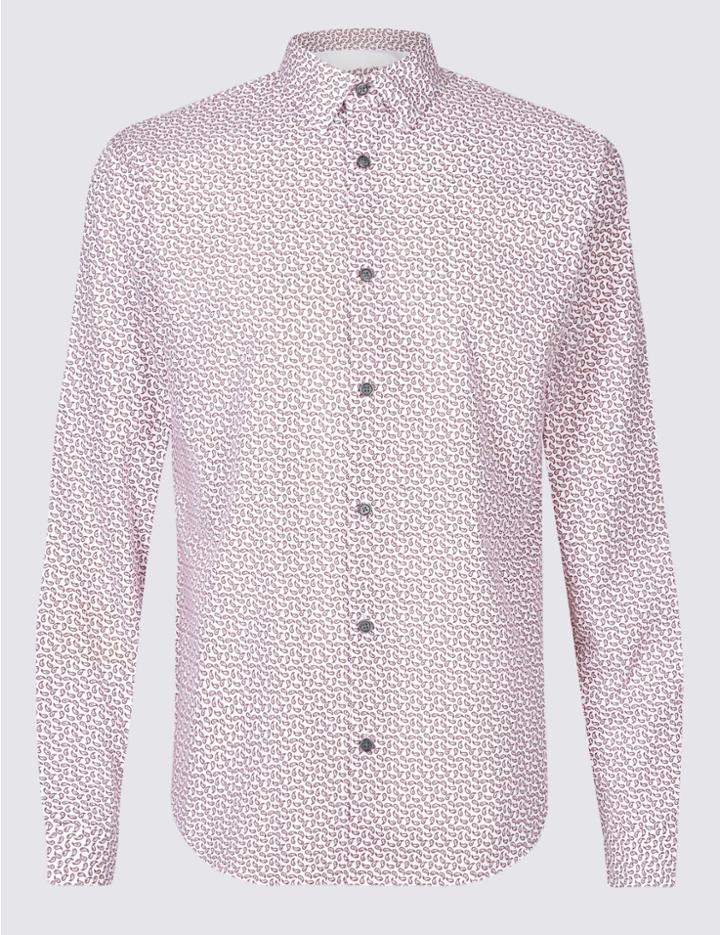 Marks & Spencer Pure Cotton Slim Fit Printed Shirt Ivory Mix