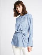 Marks & Spencer Jacquard Print Knotted Long Sleeve Blouse Blue