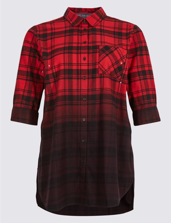 Marks & Spencer Plus Pure Cotton Checked Longline Shirt Red Mix