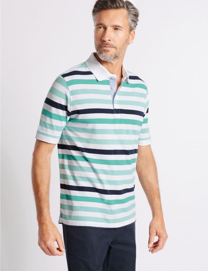 Marks & Spencer Pure Cotton Striped Polo Shirt White Mix