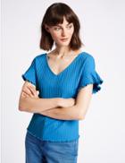Marks & Spencer Cotton Rich Ribbed Frill Sleeve T-shirt Bright Blue
