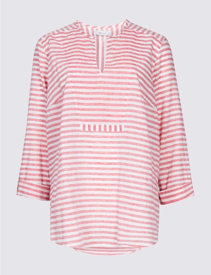 Marks & Spencer Linen Blend Striped Long Sleeve Blouse Red Mix