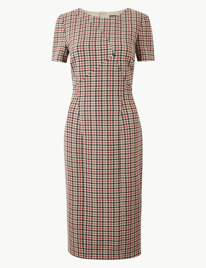 Marks & Spencer Checked Midi Bodycon Dress Camel Mix