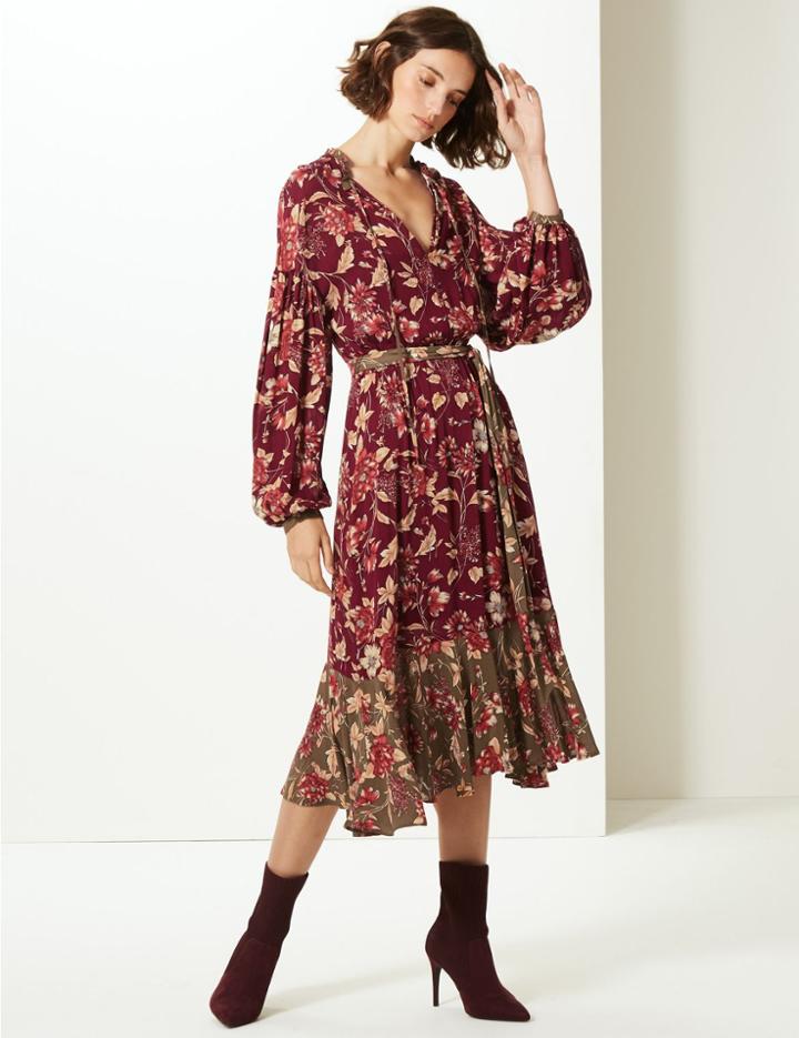 Marks & Spencer Floral Print Long Sleeve Tea Midi Dress Burgundy Mix