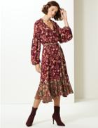 Marks & Spencer Floral Print Long Sleeve Tea Midi Dress Burgundy Mix