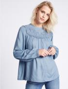 Marks & Spencer Embroidered Lace Front Long Sleeve Blouse Light Chambray