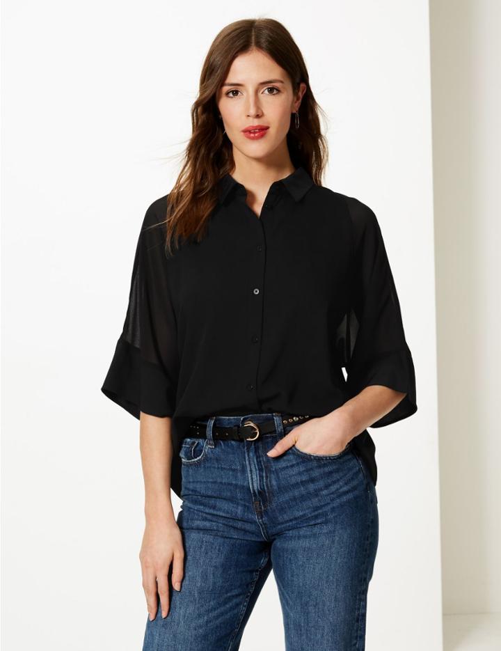 Marks & Spencer Sheer Insert 3/4 Sleeve Shirt Black