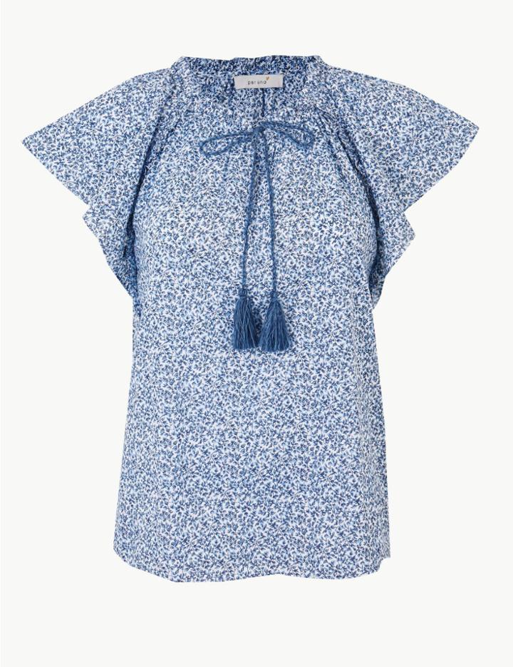 Marks & Spencer Pure Cotton Floral Print Short Sleeve Blouse Blue Mix